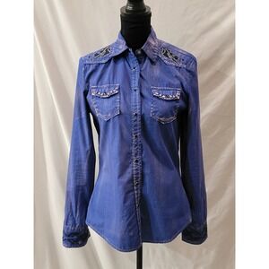 LifeStyle Western Shirt Womens Large Blue Acid Wash Embroidered Cross Rhinestone